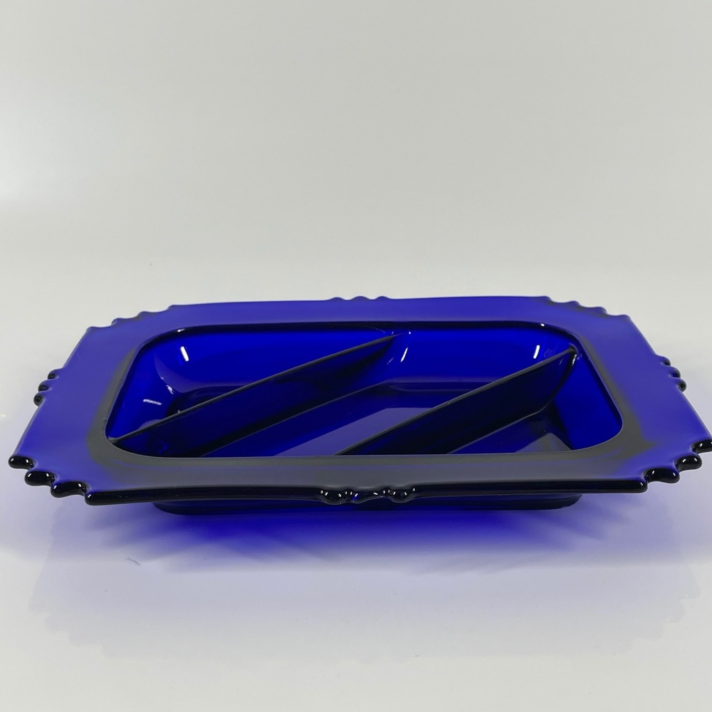 Vintage Cobalt Royal Blue Glass Divided Dish Rectangular AshTray